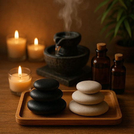 Spa still life with zen stones and candles on wooden background
