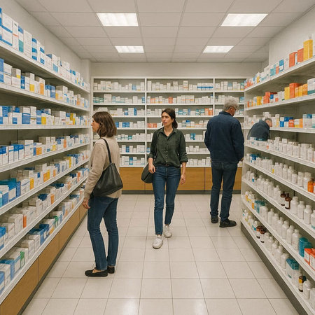 Couple of pharmacist and customer walking in pharmacy drugstore.