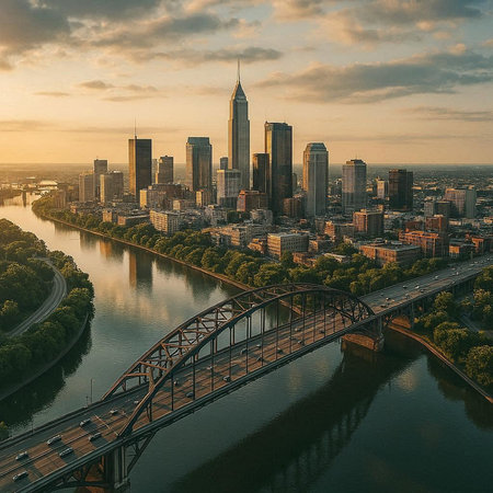 Aerial view of charlotte north carolina skyline at sunset