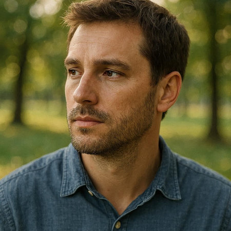 Portrait of a handsome man in a blue shirt in the park