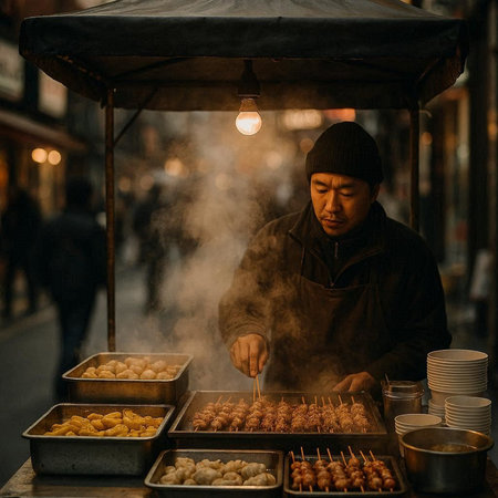 Unidentified man selling traditional Taiwanese street food in Taipei, Taiwan.
