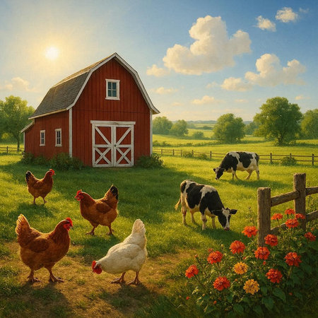 Rural landscape with red barn, cows and chickens on meadow.