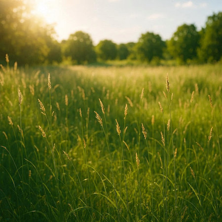 Sunset over a meadow with green grass. Beautiful nature background.
