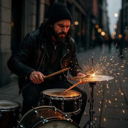 Drummer playing drums on the street in the city at night.