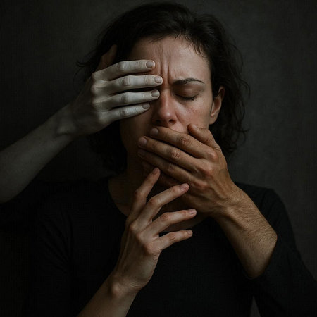 Scared woman covering her mouth with her hands on a dark backgroundの写真素材