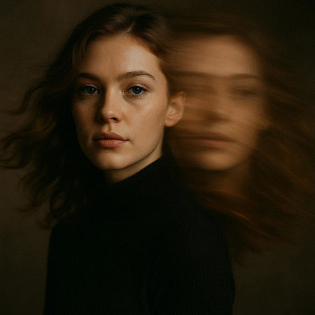 Portrait of a beautiful girl with long curly hair on a dark backgroundの写真素材