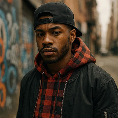 Handsome african american man in a black cap and checkered jacket posing in an urban context