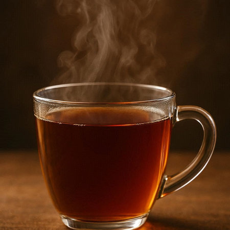 Cup of hot tea with steam on dark background. Close up