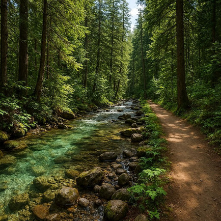 Beautiful river flowing through the forest. Colorful summer landscape.