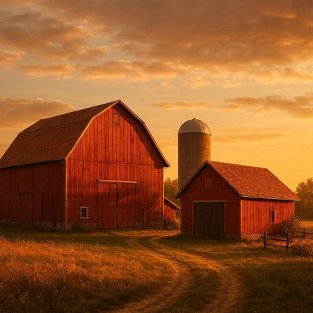 American Countryside with Red Barn and Silo at Sunset, 3D Rendering