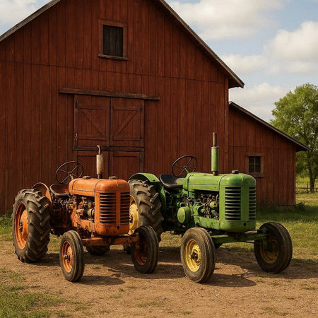 Old farm tractor stands in front of a wooden barn in a rural area
