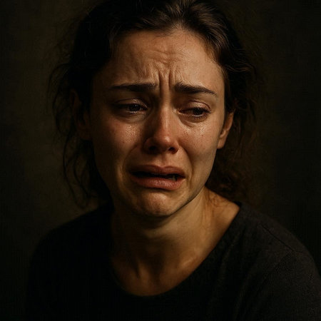 Portrait of a sad woman with tears on her face. Studio shot.の写真素材