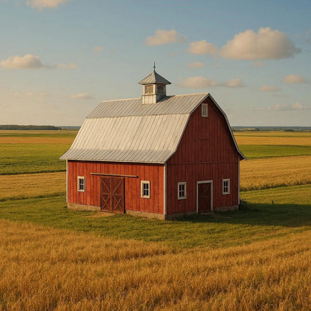 A red barn in a wheat field under a blue cloudy sky.