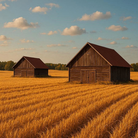 Two old wooden barns in a wheat field in the countryside.