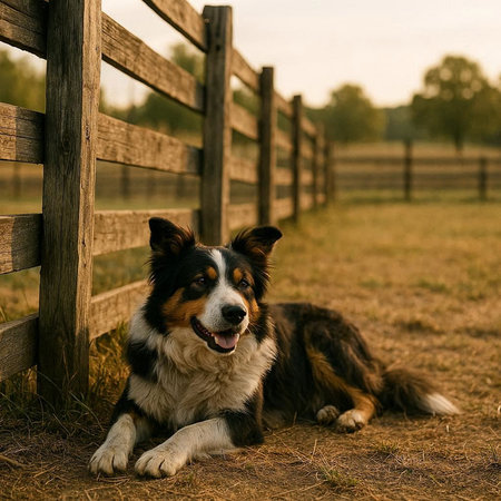 Portrait of a border collie dog on the background of a wooden fence