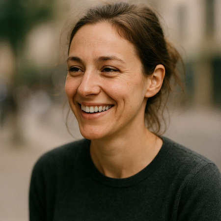 Portrait of a beautiful smiling woman in a black sweater on the street