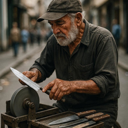 Old man cutting a piece of wood with a knife in a street.