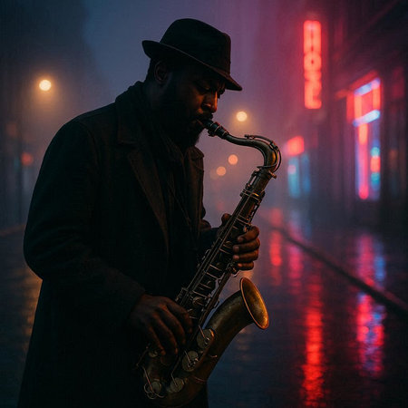 African american jazz musician playing the saxophone on the street at night.