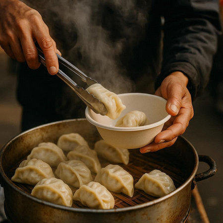 Steamed dumplings in a pan. Asian street food.