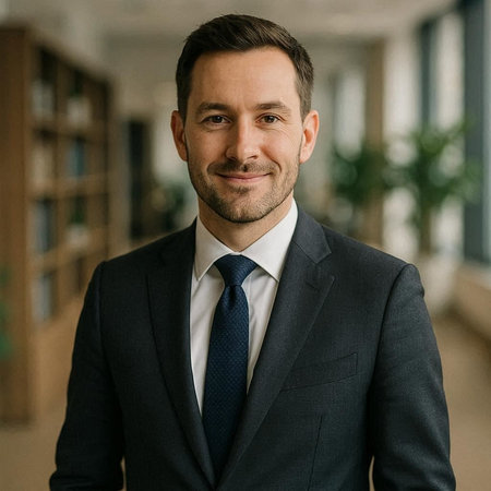 Portrait of a handsome mature businessman in a suit smiling at the camera