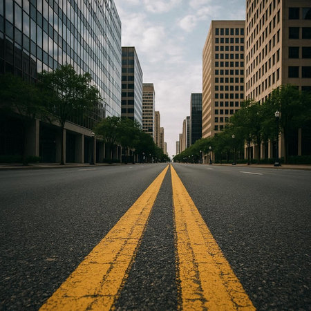 Asphalt road with yellow lines in downtown Los Angeles, California.