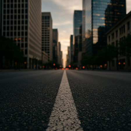 Asphalt road in downtown Chicago at sunset, Illinois, USA.