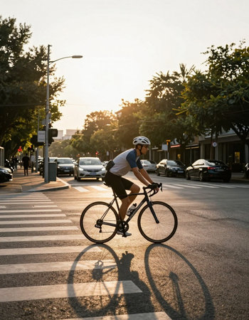 Rear view of young man riding bicycle on city street at sunset