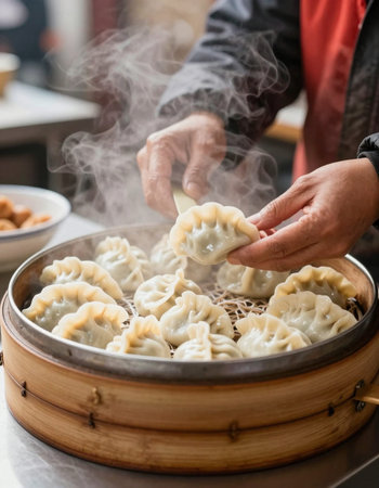 Chinese dumplings in bamboo steamer, closeup of hands