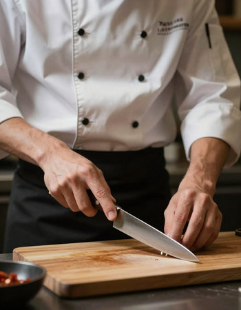 Chef cutting vegetables on a wooden board in a restaurant kitchen.