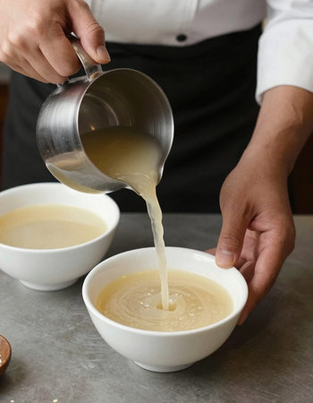 Chef pouring condensed milk into a cup, close-up.