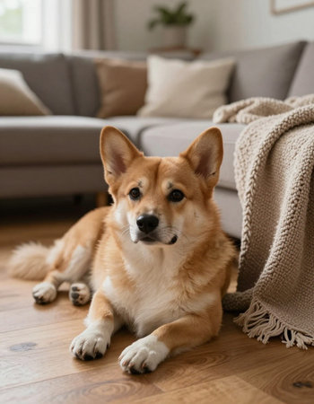 Cute corgi dog lying on floor in living room at home