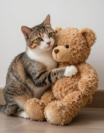 Cute tabby cat and teddy bear sitting on the floor
