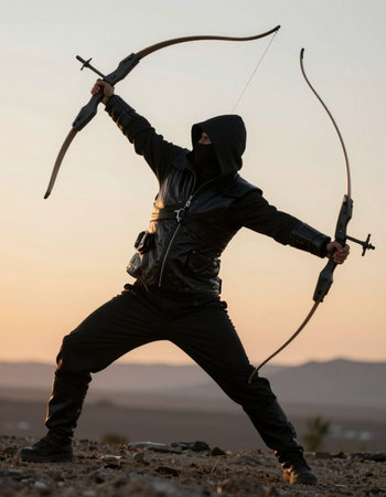 Archer with bow and arrow in the desert at sunset time.