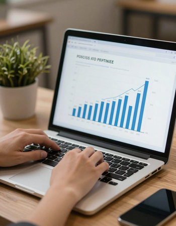 Close-up of female hands typing on laptop keyboard with graph on screen