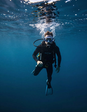 Young scuba diver swimming underwater in deep blue sea. Diving concept