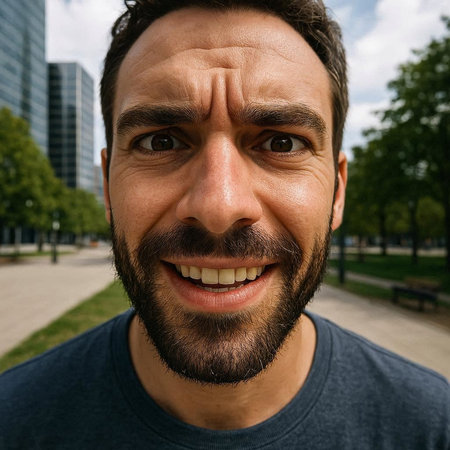 Portrait of a man with a beard and mustache in the city