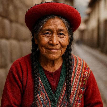 Old woman with long braided hair in a red hat on the street