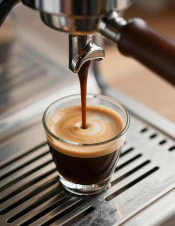 espresso machine pouring milk into a cup of coffee, close up
