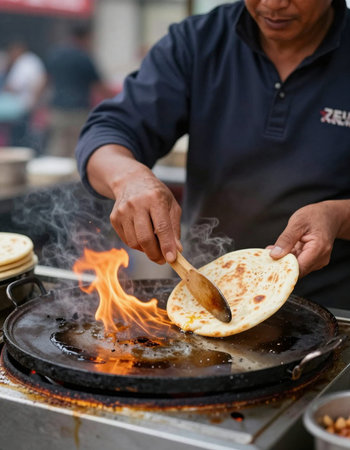Chef cooking pancake in a street food market, Thailand.