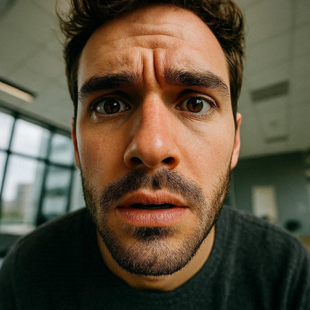 Close-up portrait of a man with a beard in the kitchen.