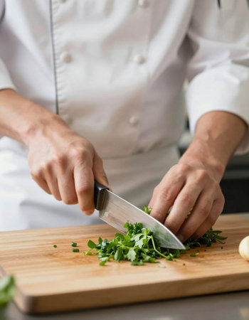 Chef cutting parsley on wooden board in the kitchen, closeup