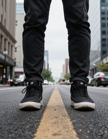 Man walking on the street in the city wearing black sneakers and jeans