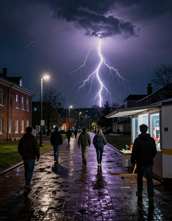 Lightning strike in the city at night with people on the street