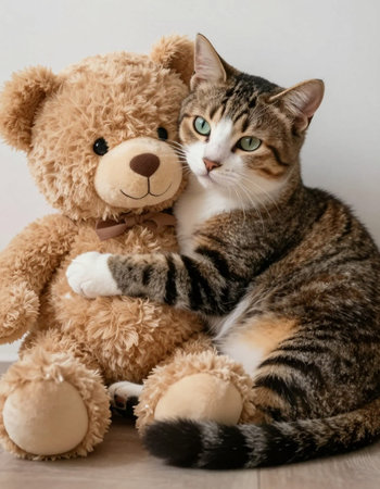 Tabby cat and teddy bear sitting on the floor in the room