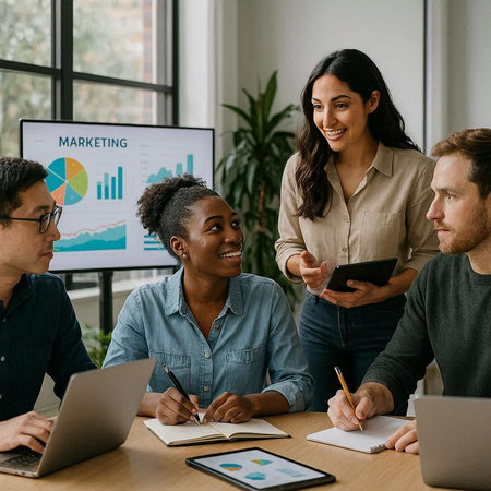 smiling african american businesswoman pointing at laptop near multicultural colleagues in office