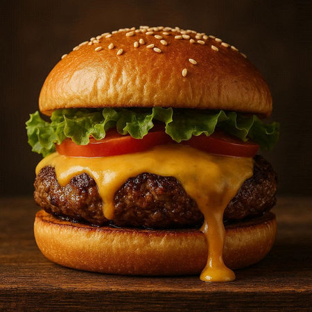 Delicious cheeseburger with cheese and tomato on dark wooden background