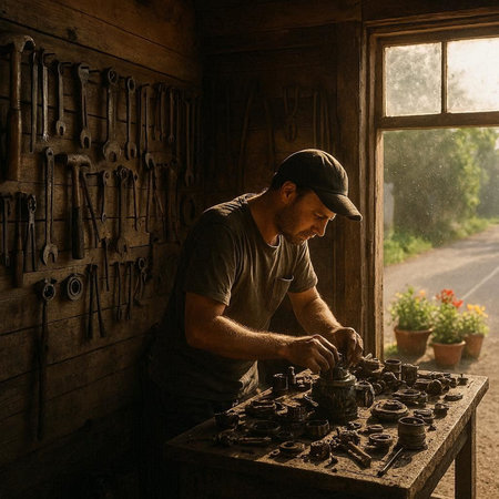 A man in a cap and t-shirt works in a workshop.