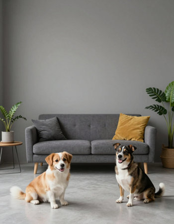 Cute dogs sitting on floor in living room. Interior design concept