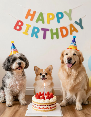 Three dogs at birthday party with cake and candles in front of white wall