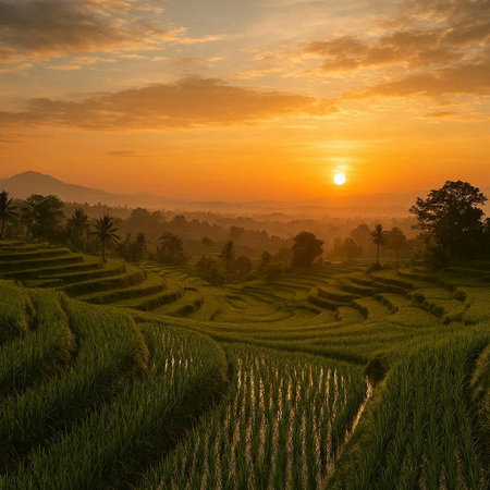 Rice terraces at sunrise in Bali, Indonesia. Rice fields are one of the main tourist attractions in Bali.